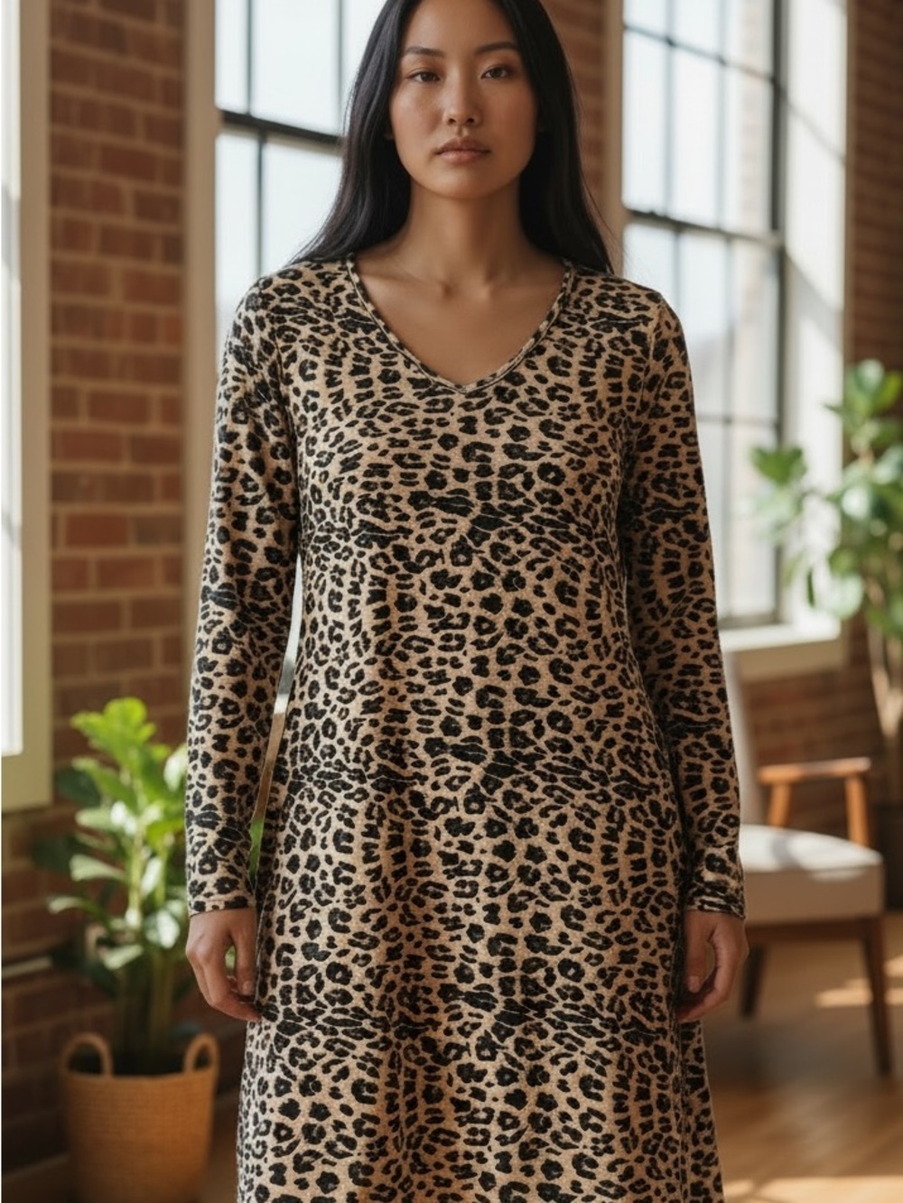 Leopard Print V-Neck Long Sleeve Midi Dress - Beige & Black